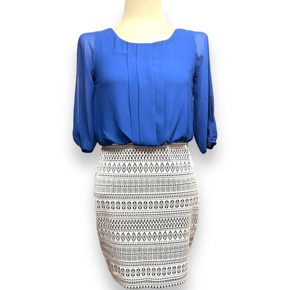 I.N. San Francisco 3/4 Split Sleeve Dress Royal Blue Black White Small